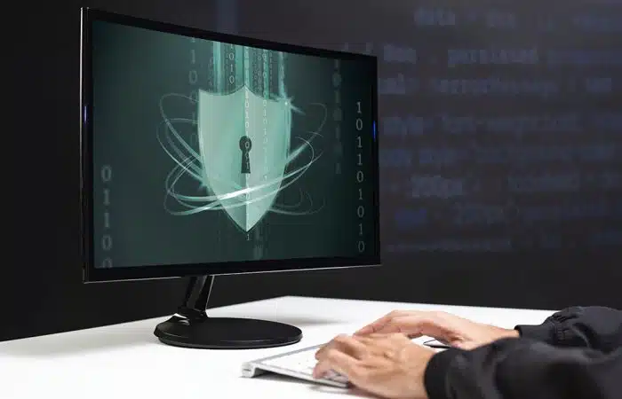 Hacker cracking the binary code data security