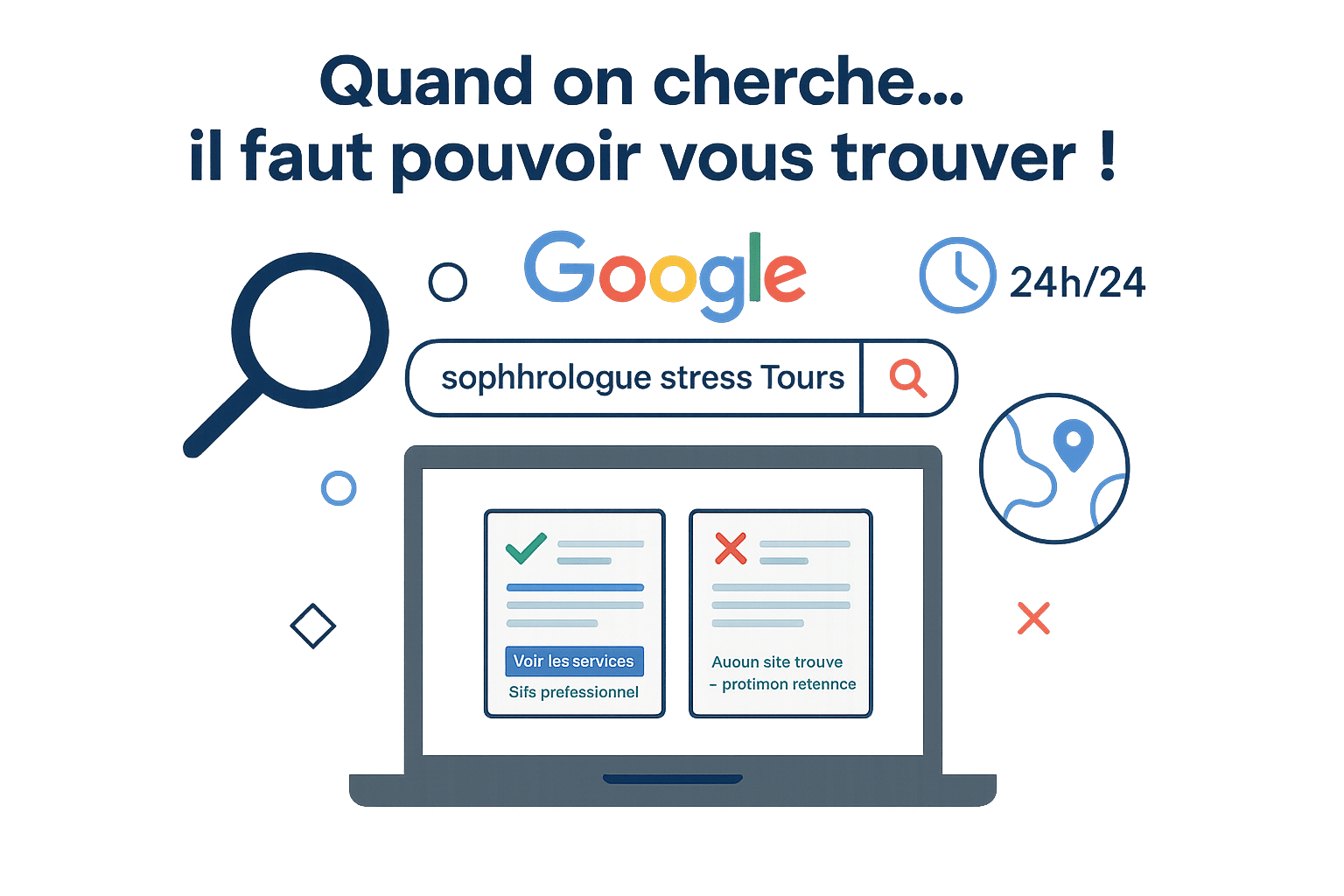 Infographie en style plat représentant un utilisateur tapant une recherche locale dans Google (« sophrologue stress Tours »), avec un smartphone à gauche montrant un site bien référencé, et un écran vide à droite illustrant l’absence de site. Entouré de pictos : loupe, localisation, horloge 24h/24, et carte Google.