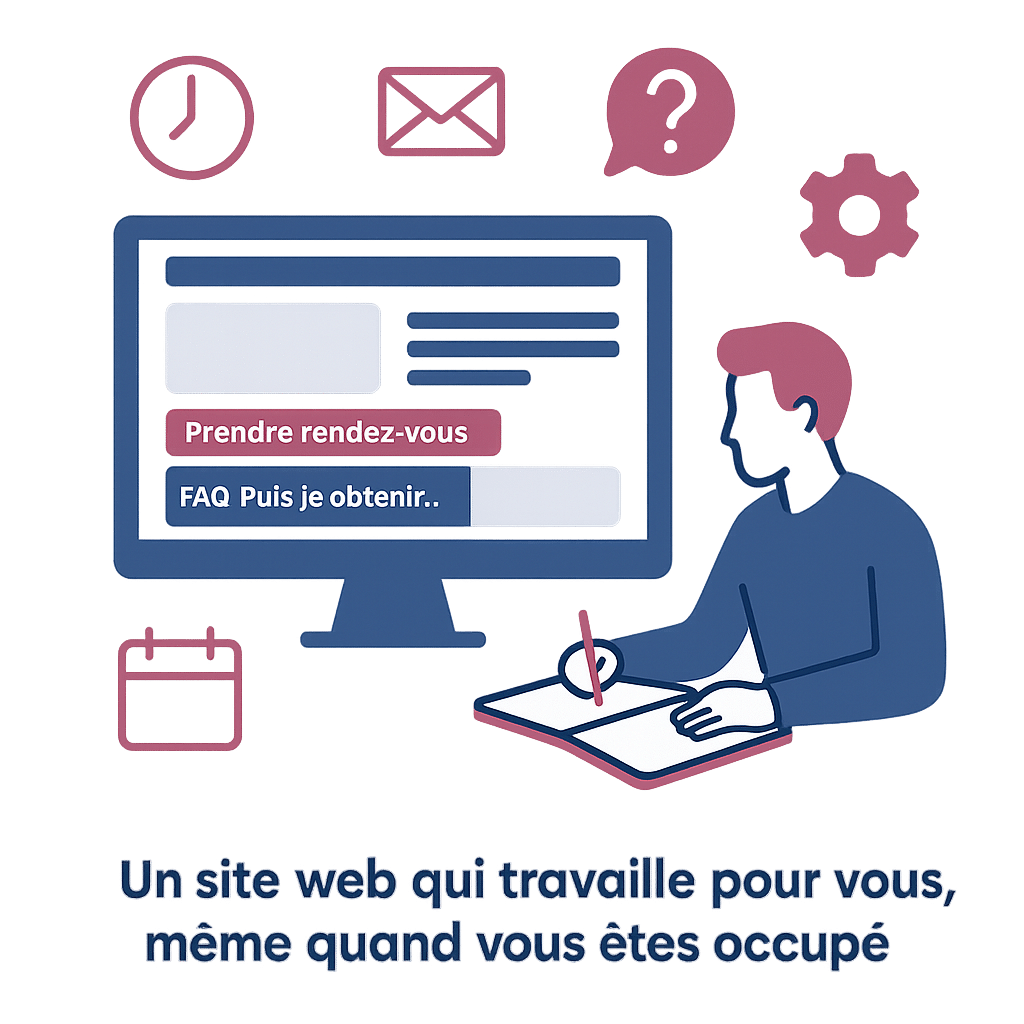 Illustration en flat design, sur fond transparent, représentant un site web affichant des outils automatisés : formulaire de devis, bouton de prise de rendez-vous, et FAQ. Autour de l’écran, des icônes illustrent l’automatisation : horloge (disponibilité 24h/24), calendrier (RDV), roue dentée (réglages), bulle de dialogue. À l’arrière-plan, une personne travaille pendant que le site s’occupe des demandes.