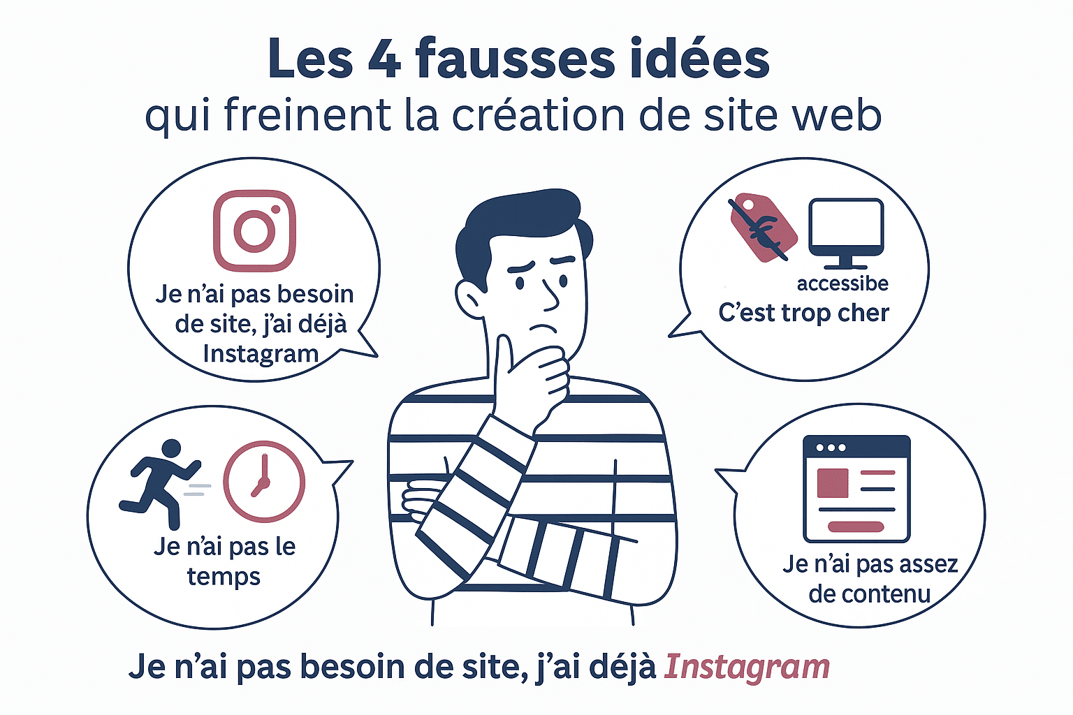 Infographie en flat design sur fond blanc. Au centre, un personnage professionnel hésitant. Autour de lui, quatre bulles illustrent des idées reçues : "J’ai déjà Instagram", "C’est trop cher", "Je n’ai pas le temps", "Je n’ai pas assez de contenu". Chaque bulle est illustrée par une icône parlante : logo de réseau social, horloge, billet barré, page simplifiée. L’ensemble utilise une palette bleu foncé, rose bordeaux et blanc, conforme à la charte graphique.