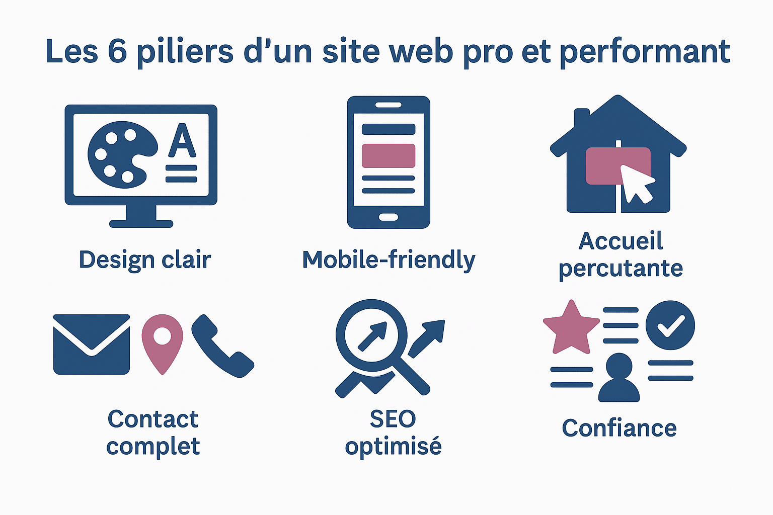 Infographie en flat design sur fond blanc, illustrant les 6 éléments essentiels d’un site performant. Chaque pilier est représenté par une icône : design soigné (palette graphique), version mobile (smartphone), page d’accueil claire (maison avec bouton), page contact complète (icône enveloppe + carte), SEO (loupe avec flèche ascendante), et éléments de confiance (étoile et avis). L’ensemble respecte la charte graphique bleu foncé et rose framboise, avec une mise en page structurée et épurée.