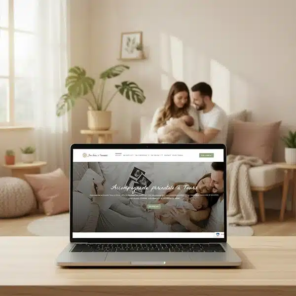 Mockup du site Bien Naître & Parentalité affiché sur un ordinateur portable, avec en arrière-plan un couple tenant un bébé dans une ambiance douce et apaisante liée au bien-être et à la parentalité.
