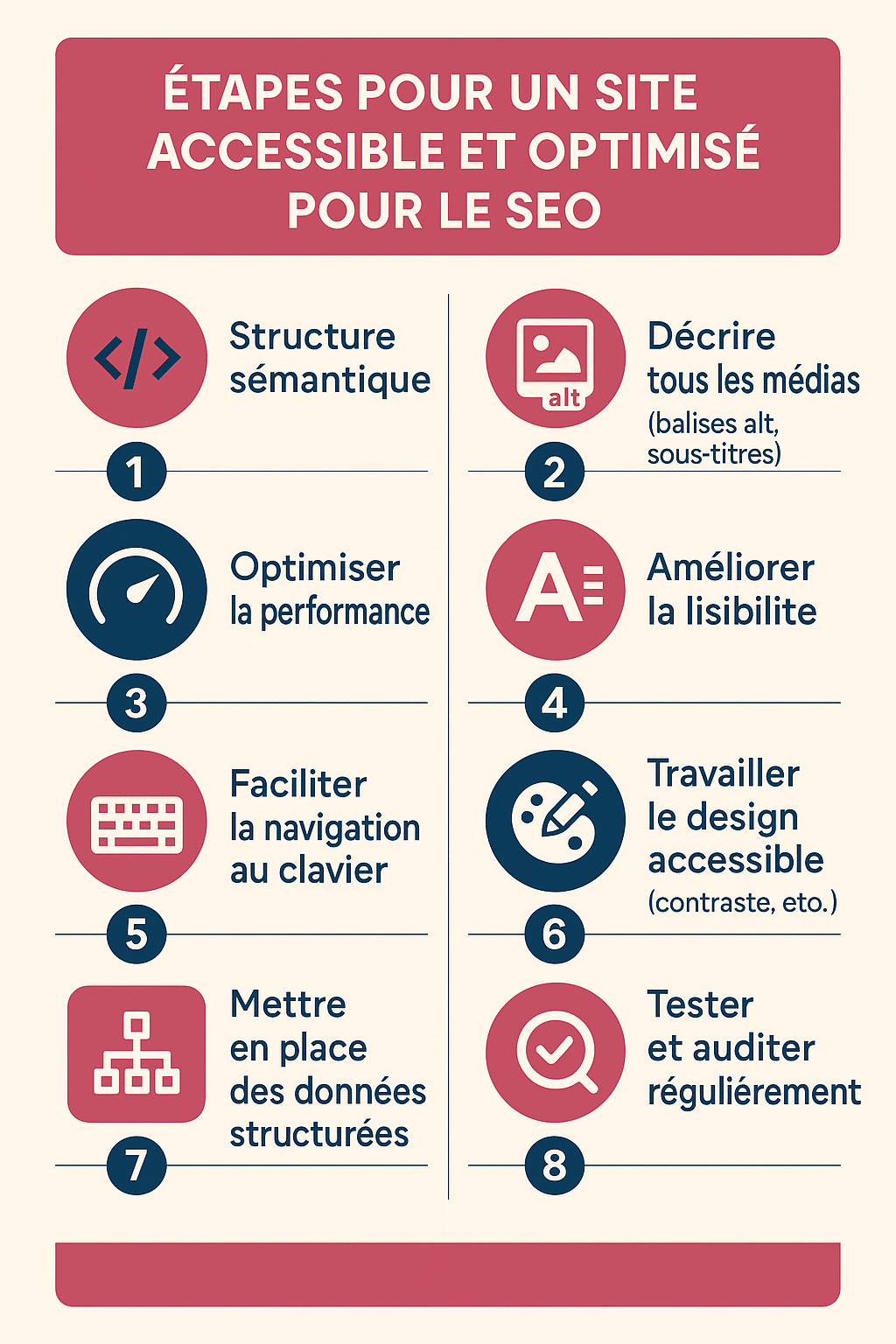 une description détaillée destinée aux lecteurs d’écran, par exemple : « Infographie illustrant huit bonnes pratiques pour un site accessible : utiliser une structure sémantique avec un seul H1 et des balises HTML5 ; décrire tous les médias avec des balises alt et des sous‑titres ; optimiser la performance avec des images compressées, du cache et un CDN ; améliorer la lisibilité avec des phrases courtes et un texte aéré ; faciliter la navigation au clavier ; adopter un design accessible avec contrastes et polices lisibles ; ajouter des données structurées (JSON‑LD, rich snippets) ; et tester/auditer régulièrement avec Lighthouse ou WAVE.